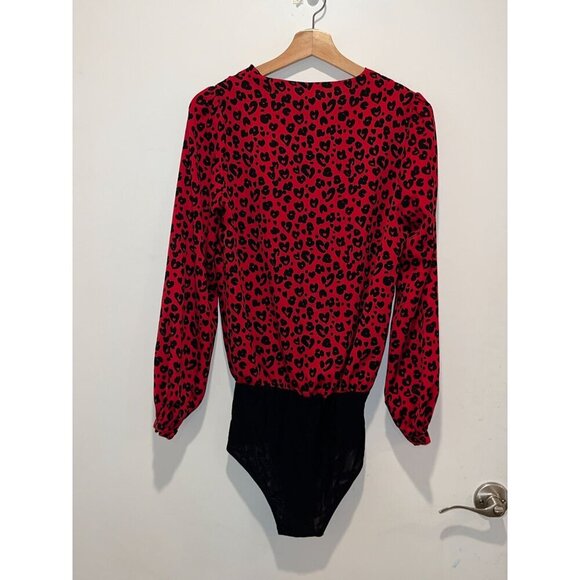 Lucy Paris Red/Black Leopard Print Long Sleeve Deep V-Neck Bodysuit Women's S - Picture 5 of 11
